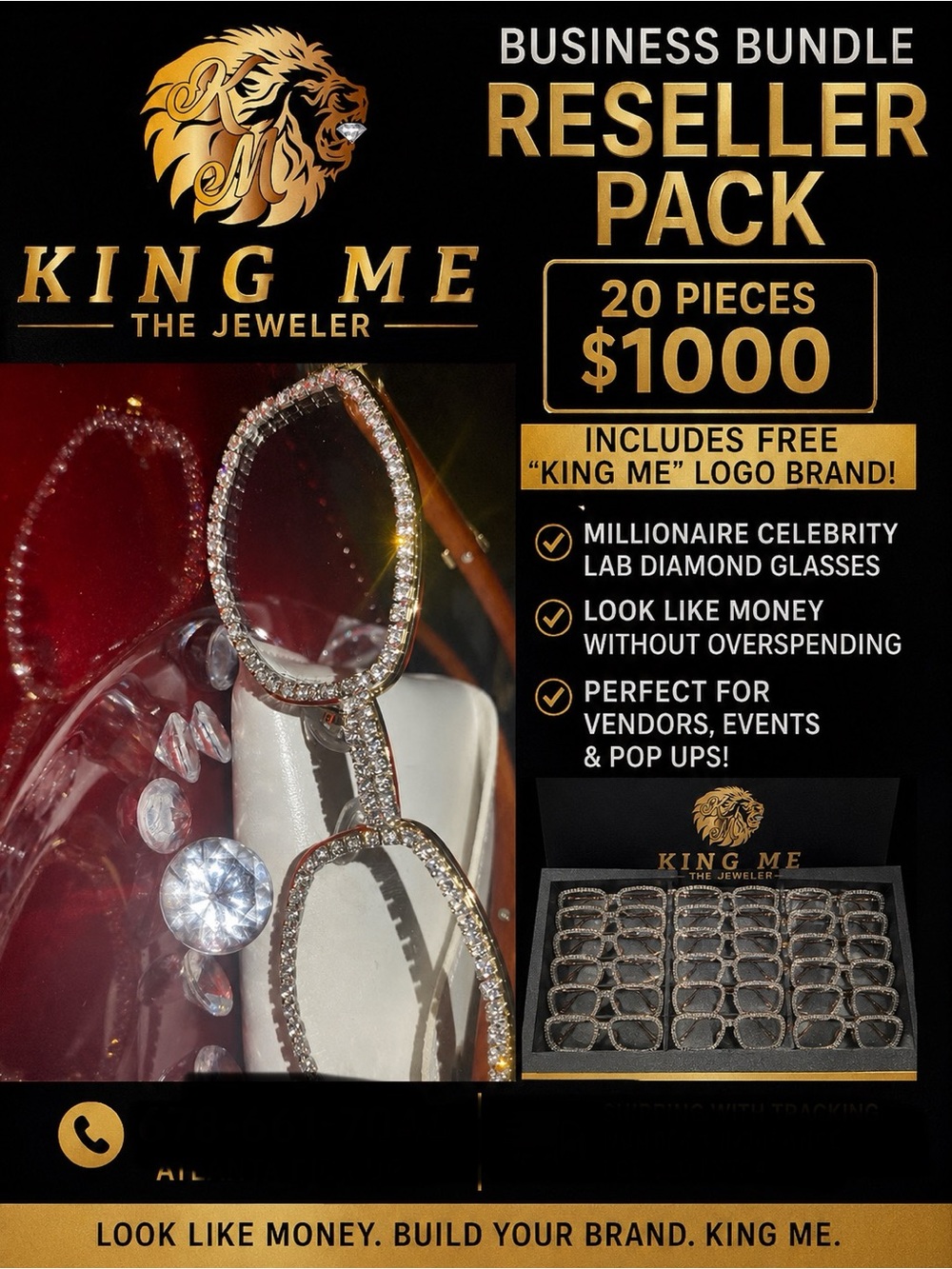 KING ME Lab Diamond Glasses Reseller Pack - Gold & Clear Bling
